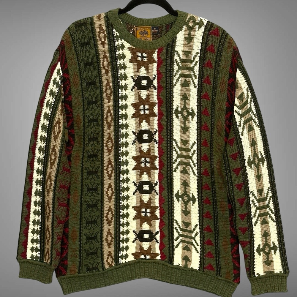 VTG Aztec Southwest Mens Sweater L Army Green Stripe Chunky Pullover Grandpa